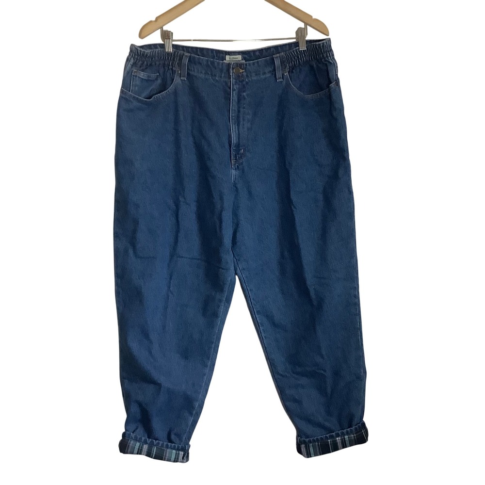 LL Bean Flannel Lined Jeans Mens 40x28 Blue Plaid Relaxed Elastic Waist 275355